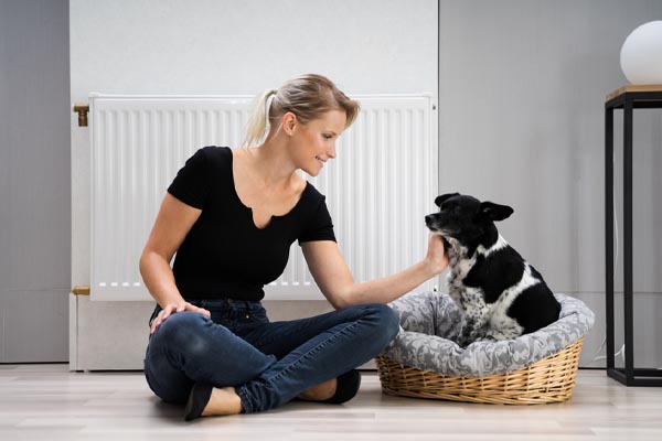 homeowner and dog sitting near radiant heating system that uses heating oil