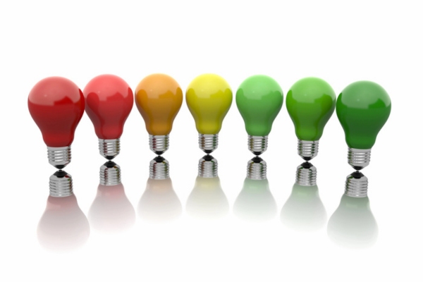 different color lightbulbs depicting energy efficiency ranking